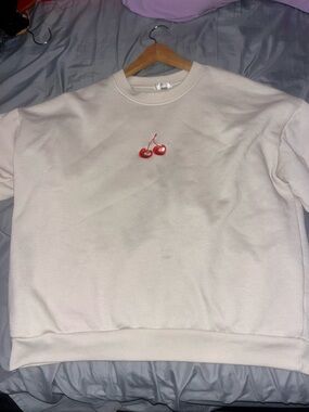 Cream Sweatshirt with Red Cherry Embroidery